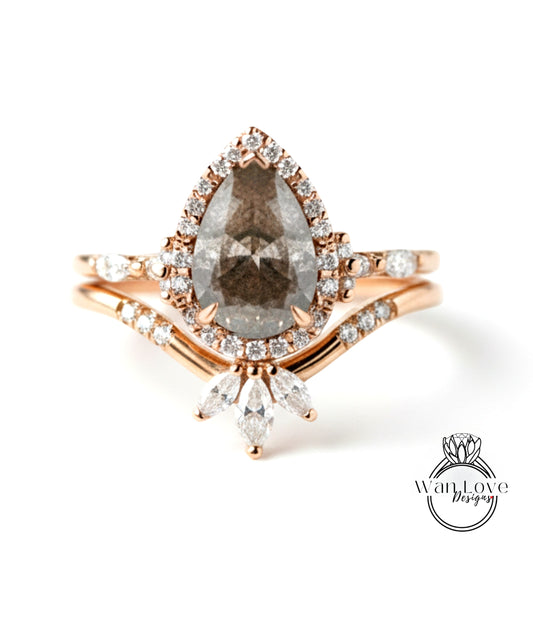 Custom Listing for Evan Salt & Pepper Diamond Pear Halo engagement ring gold Anniversary ring unique Pear cut ring