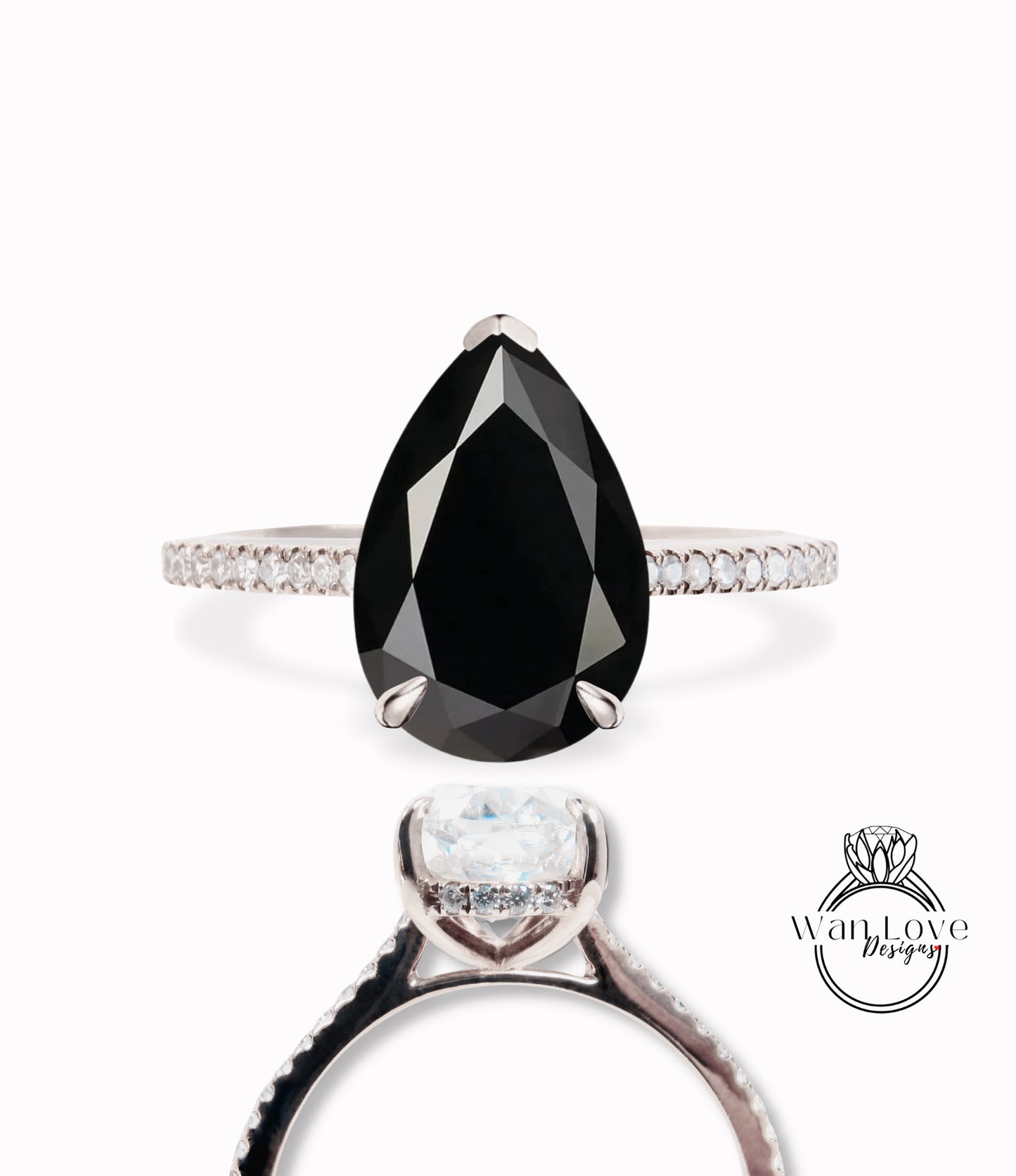 Anello di fidanzamento a metà strada con spinello nero e diamante pera laterale Halo Half Eternity, personalizzato, oro 14kt 18kt, platino, matrimonio, WanLoveDesigns