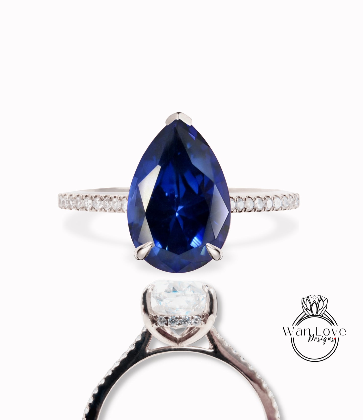 Anello di fidanzamento con alone laterale con zaffiro blu e diamanti, Cattedrale di cesto, Oro 14kt 18kt-Platino-Anniversario di matrimonio personalizzato,WanLoveDesigns