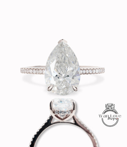 Anello di fidanzamento con diamante taglio pera Oro rosa 14k/18k, Anello di fidanzamento con diamante solitario IGI Halo laterale con diamante taglio pera, Anello di fidanzamento solitario con diamante pera