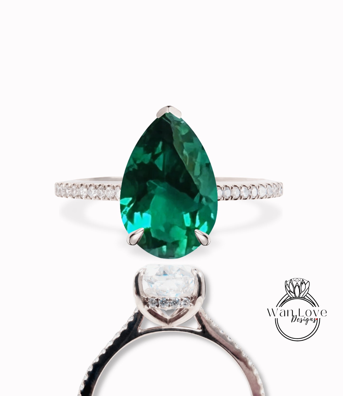 Emerald & Diamond Pear Side Halo Engagement Ring, Basket Cathedral,14k 18k Gold-Platinum-Custom made-Wedding-Anniversary, WanLoveDesigns