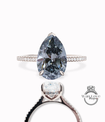 Anello di fidanzamento pera, anello di fidanzamento Moissanite grigio pera da 3 ct, anello aureola nascosta con diamante, anello Moissanite aureola laterale pera, anello aureola nascosta