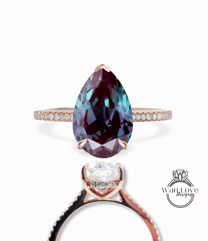 Alexandrite Diamond Pear Side Halo Half Eternity Halfway Engagement Ring, Custom, 14kt 18kt Gold, Platinum, Wedding, WanLoveDesigns