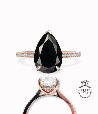 Anello di fidanzamento a metà strada con spinello nero e diamante pera laterale Halo Half Eternity, personalizzato, oro 14kt 18kt, platino, matrimonio, WanLoveDesigns