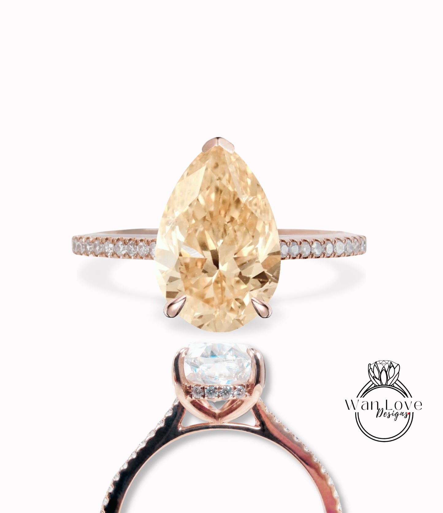 Anello di fidanzamento Moissanite Champagne con taglio a pera da 3 ct Anello con alone nascosto con diamante Anello di mezza eternità con alone laterale a pera Anello di promessa nuziale Moissanite