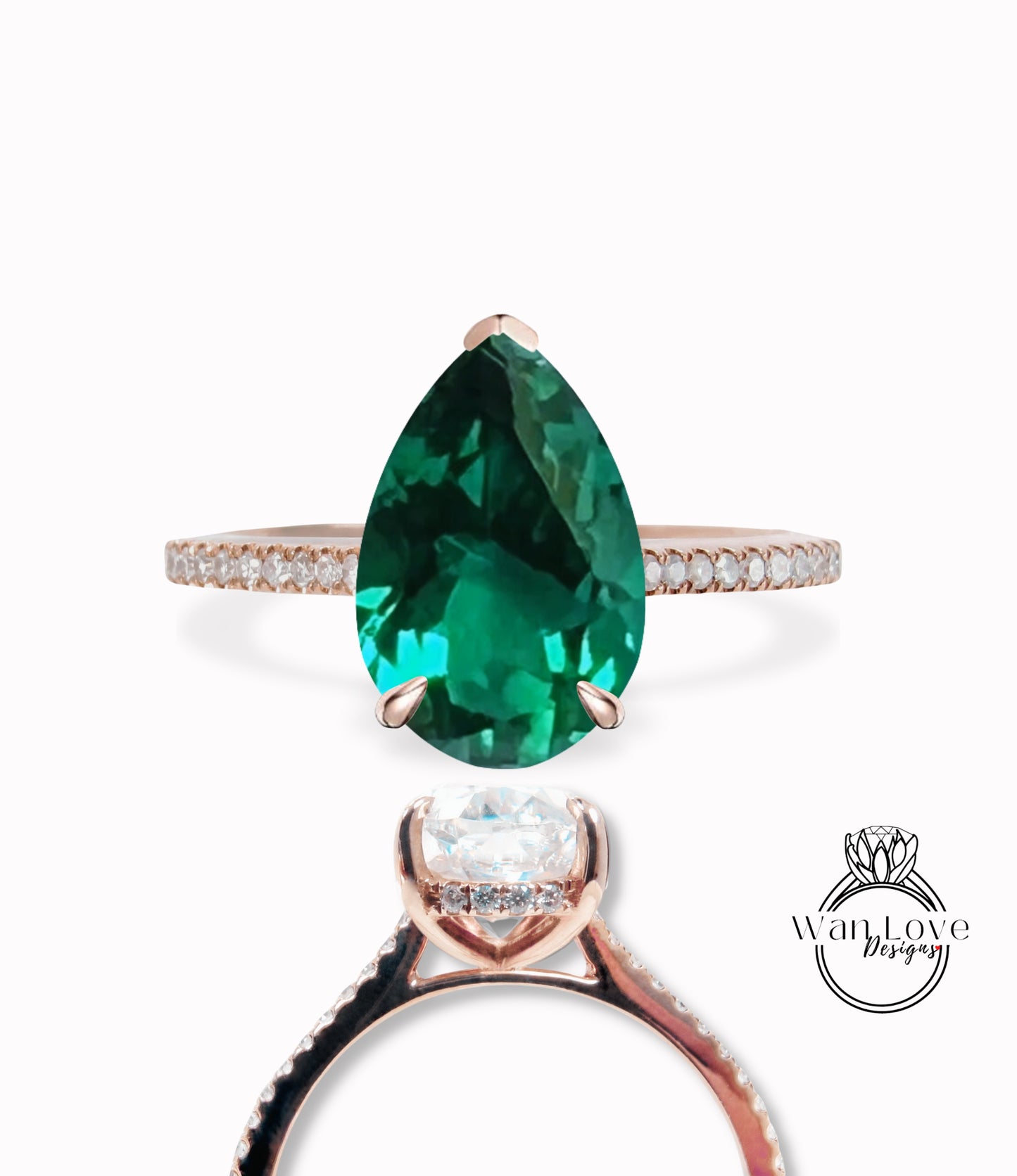 Emerald & Diamond Pear Side Halo Half Eternity Halfway Engagement Ring, Custom, 14k 18k White  Rose Gold, Platinum, Wedding, WanLoveDesigns