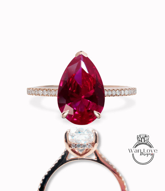 Ruby & Diamond Pear Side Halo Half Eternity Halfway Engagement Ring, Custom, 14k 18k White Yellow Rose Gold,Platinum,Wedding, WanLoveDesigns