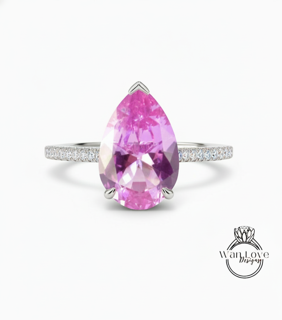 Anello di fidanzamento con zaffiro rosa e pera di diamanti, cestino della cattedrale, oro rosa giallo bianco 14k-18k-matrimonio personalizzato in platino, WanLoveDesigns