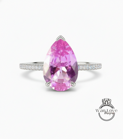 Anello di fidanzamento con zaffiro rosa e pera di diamanti, cestino della cattedrale, oro rosa giallo bianco 14k-18k-matrimonio personalizzato in platino, WanLoveDesigns