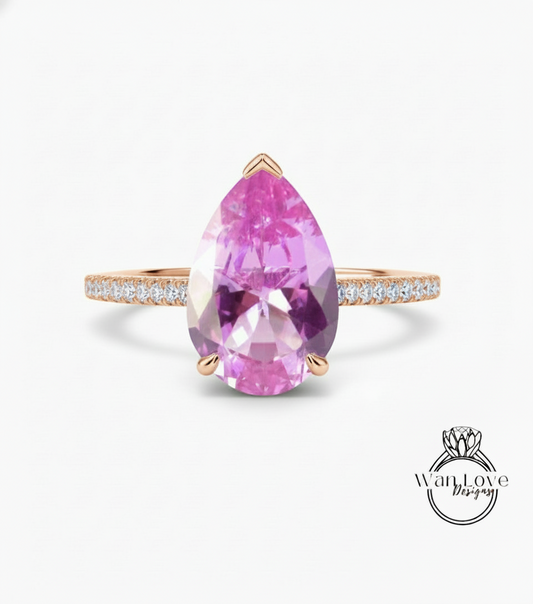 Pink Sapphire & Diamond Pear Engagement Ring, Cathedral Basket, 14k-18k-White Yellow Rose Gold-Platinum-Custom-Wedding, WanLoveDesigns