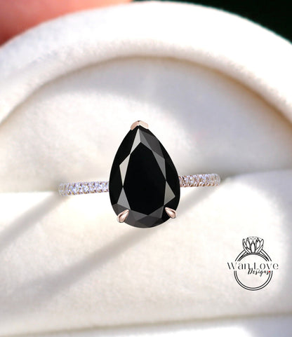 Pear cut black spinel diamond engagement ring Vintage Moissanite solitaire Bridal ring Antique diamond wedding ring Promise Anniversary gift