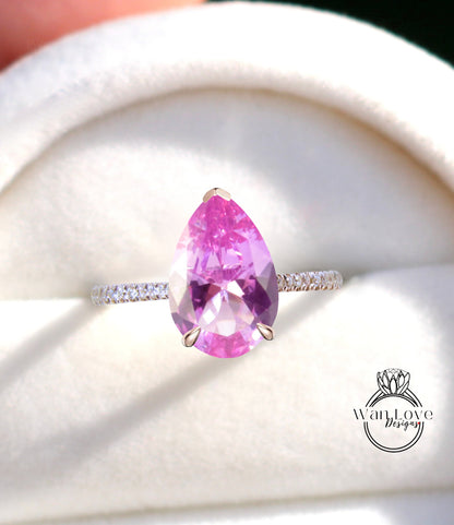 Anello di fidanzamento con zaffiro rosa e pera di diamanti, cestino della cattedrale, oro rosa giallo bianco 14k-18k-matrimonio personalizzato in platino, WanLoveDesigns