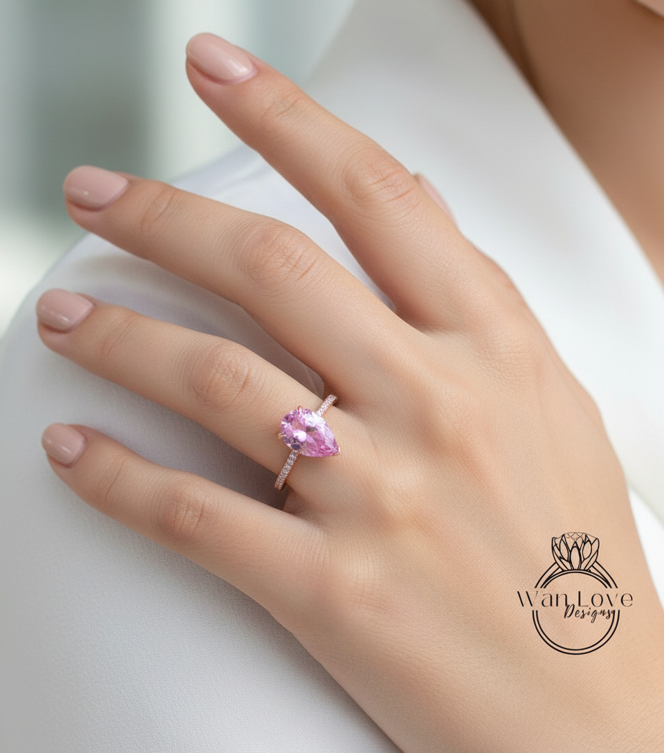 Anello di fidanzamento con zaffiro rosa e pera di diamanti, cestino della cattedrale, oro rosa giallo bianco 14k-18k-matrimonio personalizzato in platino, WanLoveDesigns