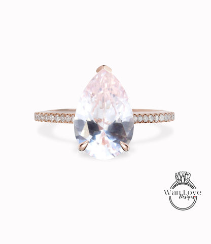 Anelli di pera con zaffiro rosa chiaro e diamanti, cesto della cattedrale, anello di fidanzamento personalizzato, matrimonio, oro 14kt 18kt, platino, WanLoveDesigns