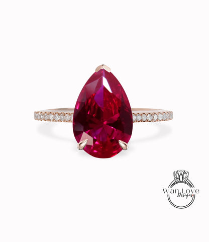 Anello di fidanzamento con rubini e diamanti con taglio a pera, Cattedrale di cesto, 14k 18k bianco giallo oro rosa-platino-anniversario di matrimonio personalizzato,WanLoveDesigns