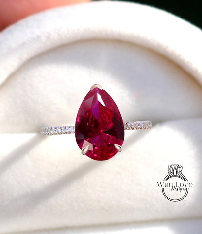 Anello di fidanzamento con rubini e diamanti con taglio a pera, Cattedrale di cesto, 14k 18k bianco giallo oro rosa-platino-anniversario di matrimonio personalizzato,WanLoveDesigns