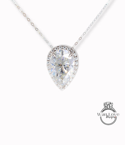 Collana con ciondolo a forma di pera di Moissanite 2CT per donne / Collana con ciondolo a forma di pera con diamante Collana in oro 14k / Collana con ciondolo a forma di goccia con diamante Halo