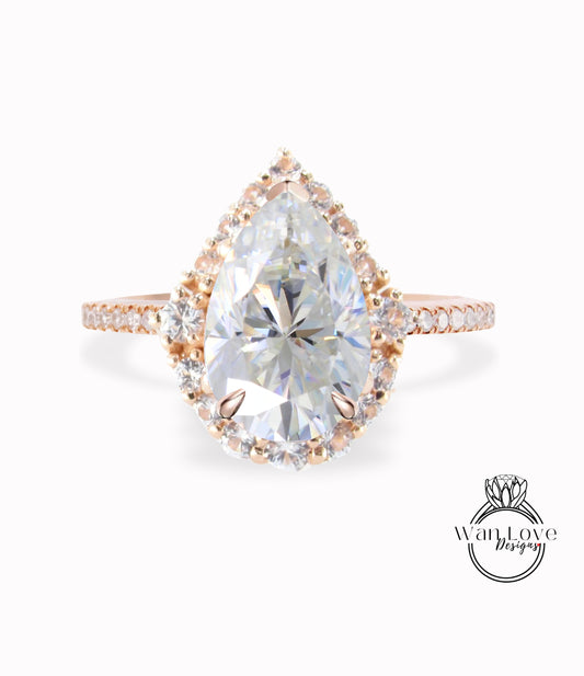 Anello di fidanzamento Moissanite con taglio a pera vintage Anello da sposa Art deco in oro rosa con diamanti graduati Halo Anello da matrimonio unico per anniversario antico