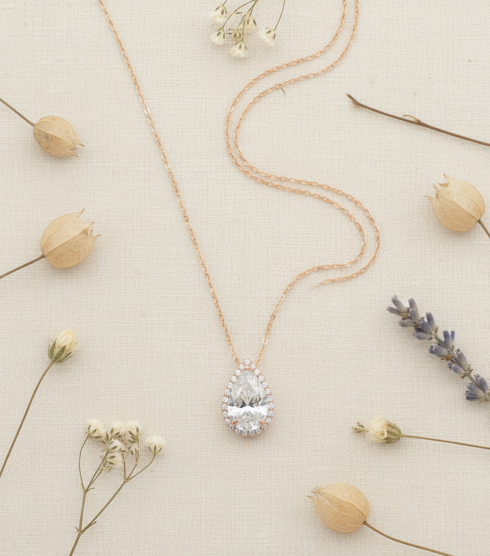 Moissanite & Diamond Halo Pear Pendant Necklace For Women / Pear Shape Halo Diamond Pendant 14k Gold Necklace / Teardrop Shape Diamond Halo Pendant