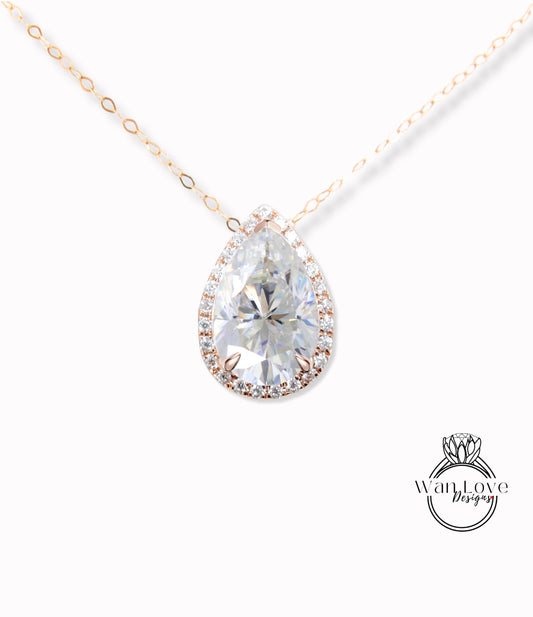 Moissanite & Diamond Halo Pear Pendant Necklace For Women / Pear Shape Halo Diamond Pendant 14k Gold Necklace / Teardrop Shape Diamond Halo Pendant