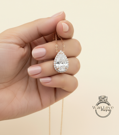 Moissanite & Diamond Halo Pear Pendant Necklace For Women / Pear Shape Halo Diamond Pendant 14k Gold Necklace / Teardrop Shape Diamond Halo Pendant