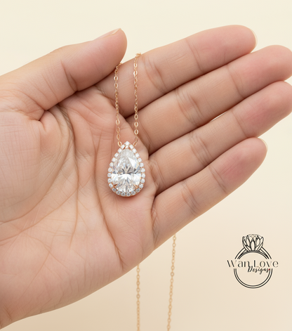 Moissanite & Diamond Halo Pear Pendant Necklace For Women / Pear Shape Halo Diamond Pendant 14k Gold Necklace / Teardrop Shape Diamond Halo Pendant