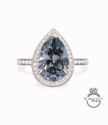 Art Deco Pear Engagement Ring, Antique Gray Moissanite engagement ring, diamond milgrain halo ring, vintage halo Ring, Unique Halo Ring