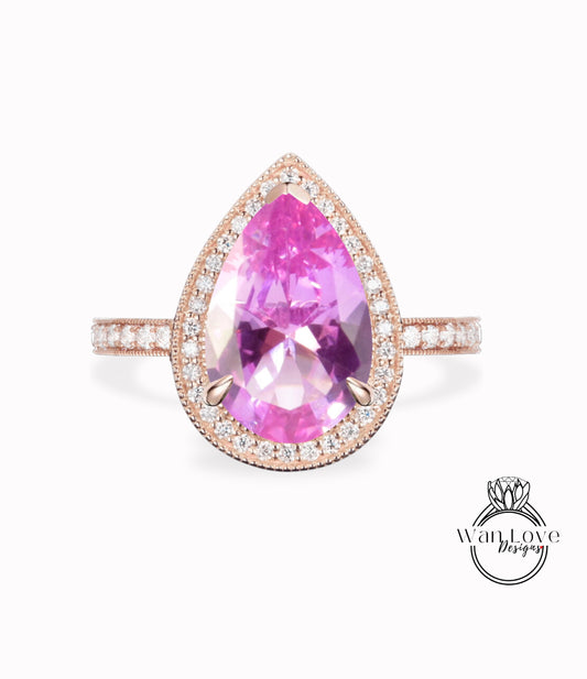 Pink Sapphire Diamond 14kt Gold Diamond Art Deco Unique Pear Halo Milgrain Ring vintage wedding Unique Bridal Anniversary ring solid gold