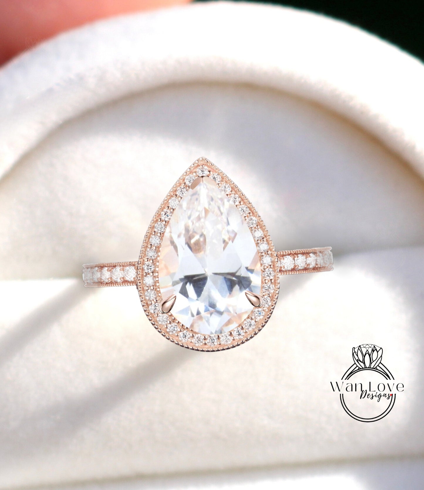 White Sapphire 14kt Gold Diamond Art Deco Unique Pear Halo WITH Milgrain Ring, WanLoveDesigns