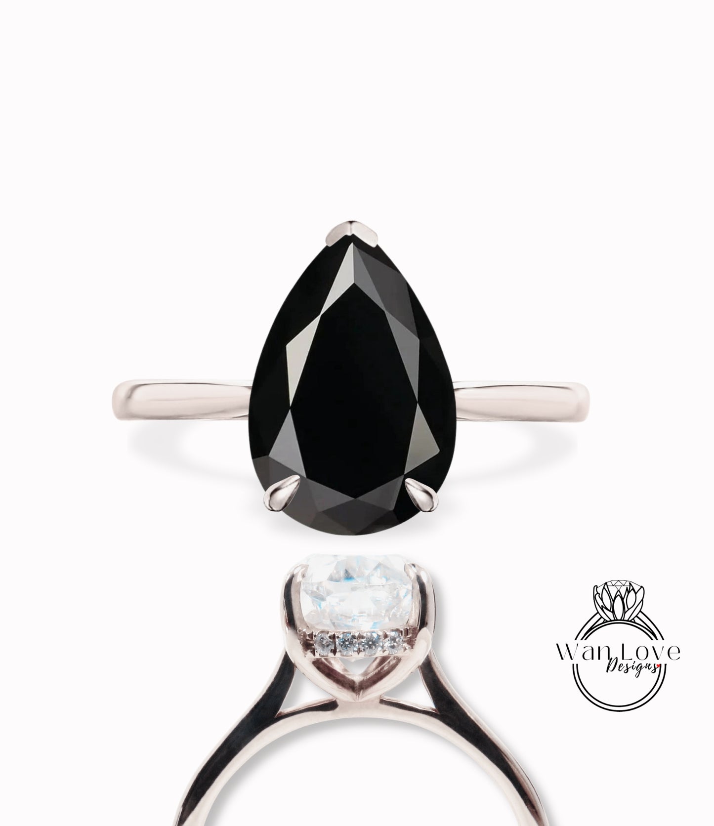 Anello di fidanzamento con pera e diamanti, spinello nero, cattedrale, personalizzato, 14k, 18k, bianco, giallo, oro rosa, platino, anniversario di matrimonio