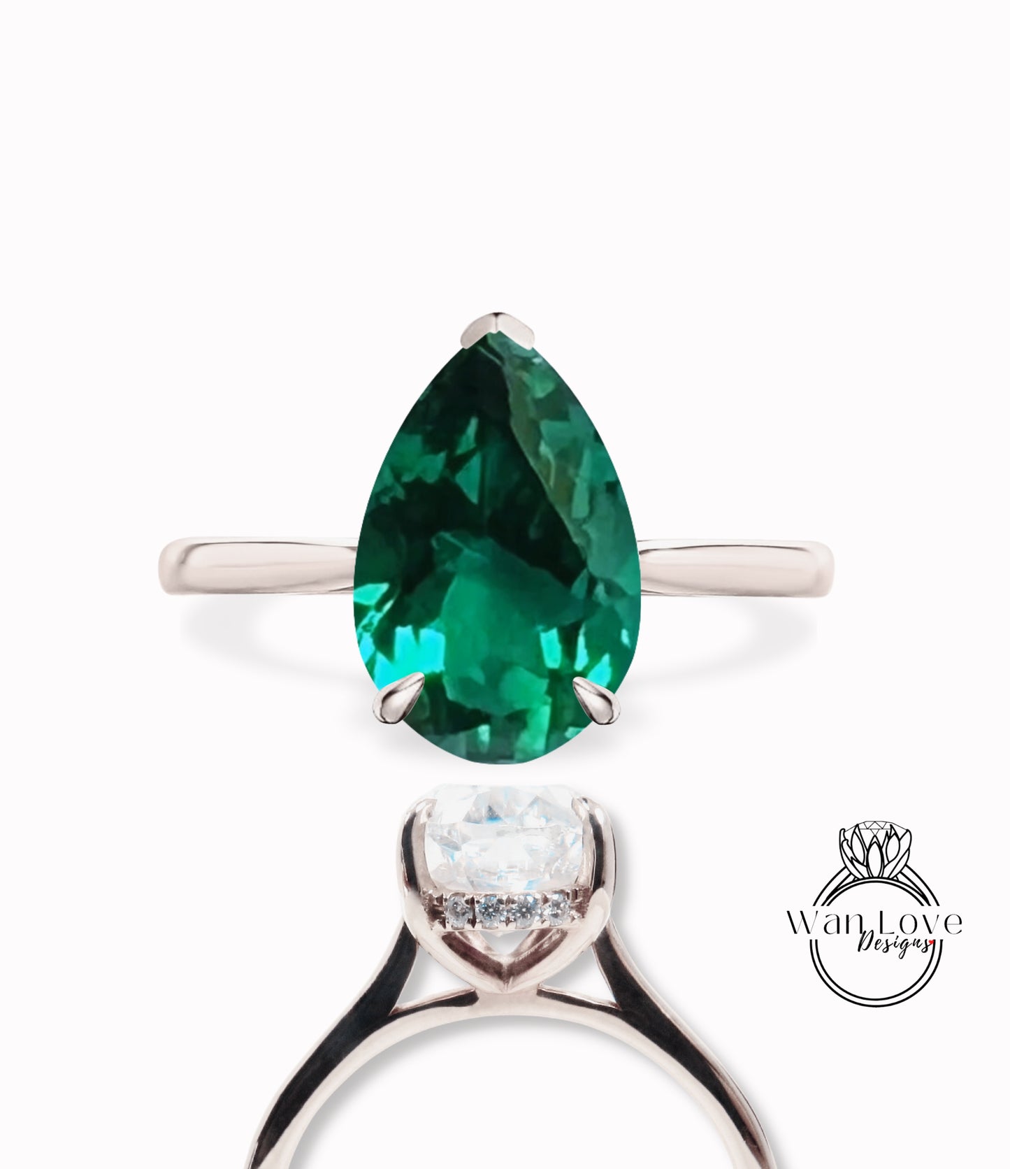 Pear Emerald Engagement Ring Antique White Gold Side Halo Diamond dainty Ring Art Deco Delicate Wedding Bridal Ring Anniversary Promise Ring