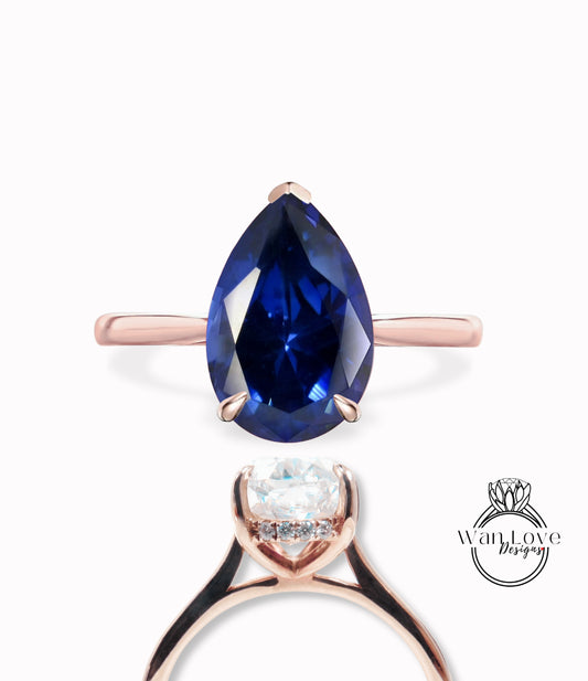 Anello di fidanzamento con zaffiro blu pera Anello in oro bianco antico con diamante delicato Anello Art Deco Anello nuziale Anello di promessa di anniversario