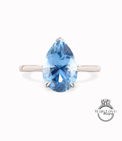 Anello di fidanzamento con spinello blu acquamarina pera, cattedrale, 14k 18k bianco giallo oro rosa-platino-matrimonio personalizzato, WanLoveDesigns