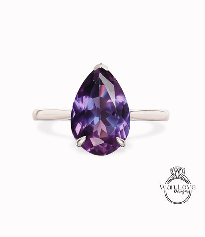 Purple Sapphire Alexandrite Color Pear 6 Prong Solitaire Engagement Ring, 14k 18k White Rose Gold-Platinum-Custom-Wedding, WanLoveDesigns