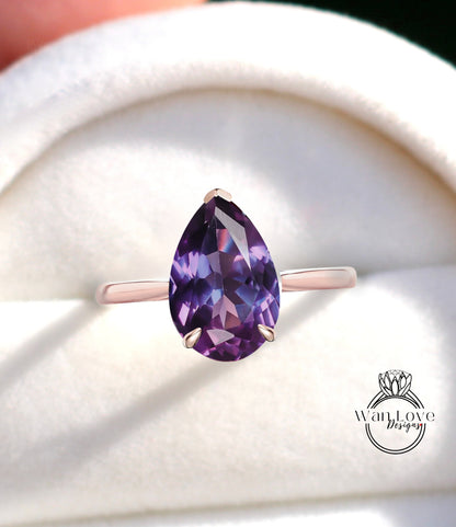 Purple Sapphire Alexandrite Color Pear 6 Prong Solitaire Engagement Ring, 14k 18k White Rose Gold-Platinum-Custom-Wedding, WanLoveDesigns