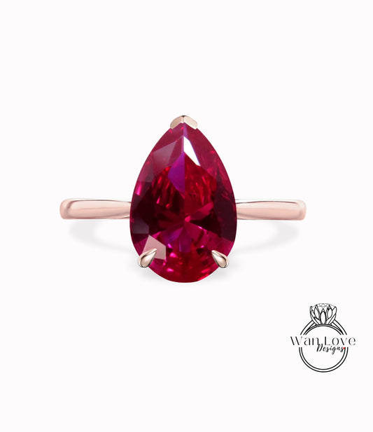 Ruby Solitaire Pear 6 Prong Cathedral Engagement Ring, 14k-18k-White Yellow Rose Gold-Platinum-Custom-Wedding-Anniversary, WanLoveDesigns