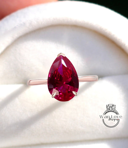 Anello di fidanzamento cattedrale con rubino solitario pera a 6 punte, 14k-18k-bianco giallo oro rosa-platino-anniversario di matrimonio personalizzato, WanLoveDesigns