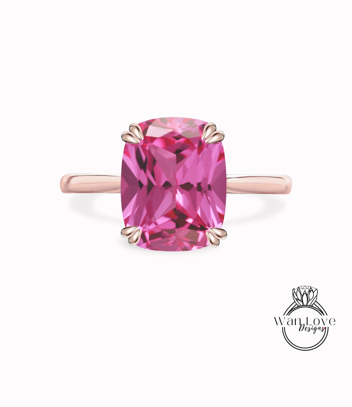 Anello di fidanzamento solitario con cattedrale con cuscino allungato in zaffiro rosa, personalizzato-14k 18k bianco giallo oro rosa-platino, WanLoveDesigns