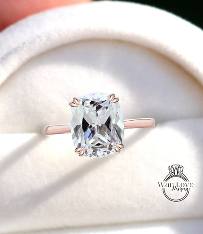 White Sapphire Elongated Cushion Solitaire Engagement Ring,14k 18k White Yellow Rose Gold,Platinum,Custom,Wedding,Anniversary,WanLoveDesigns