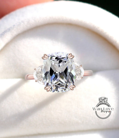 White Sapphire engagement ring cushion cut half moon Moissanite diamond rose gold art deco diamond three stone ring wedding Bridal Anniversary