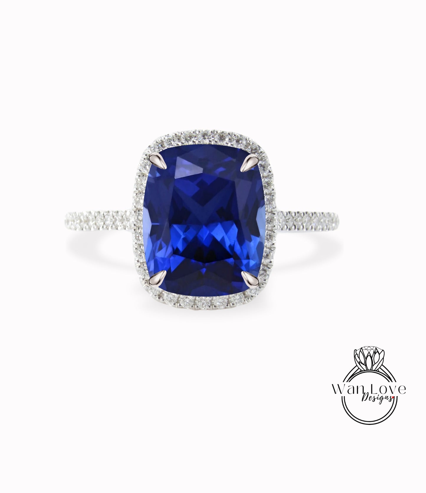 Elongated Cushion cut Blue Sapphire engagement ring gold vintage diamond halo engagement ring women Half eternity wedding Bridal Anniversary