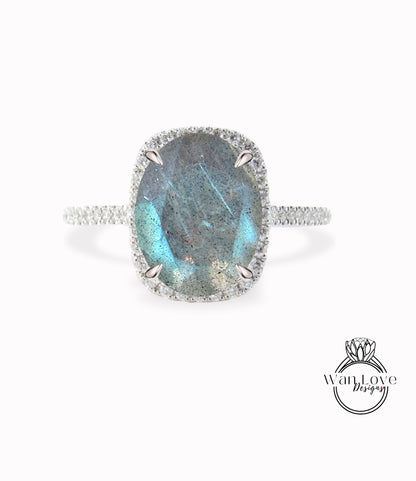 Anello di fidanzamento allungato con labradorite taglio cuscino anello di fidanzamento con alone di diamanti vintage in oro da donna Mezza eternità di matrimonio Anniversario nuziale