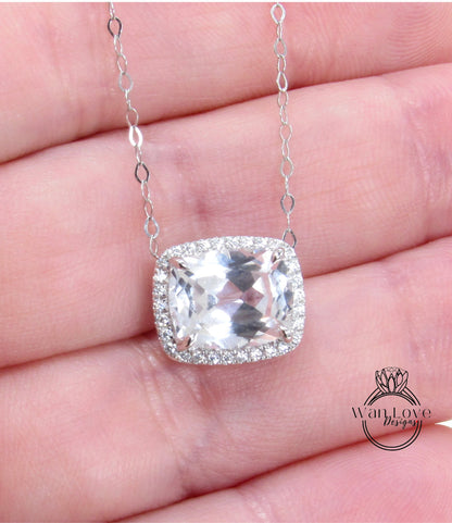 Zaffiro bianco allungato cuscino East West Halo ciondolo collana fascino 4ct 10x8mm anniversario regalo gioielli di nozze oro pronto per la spedizione