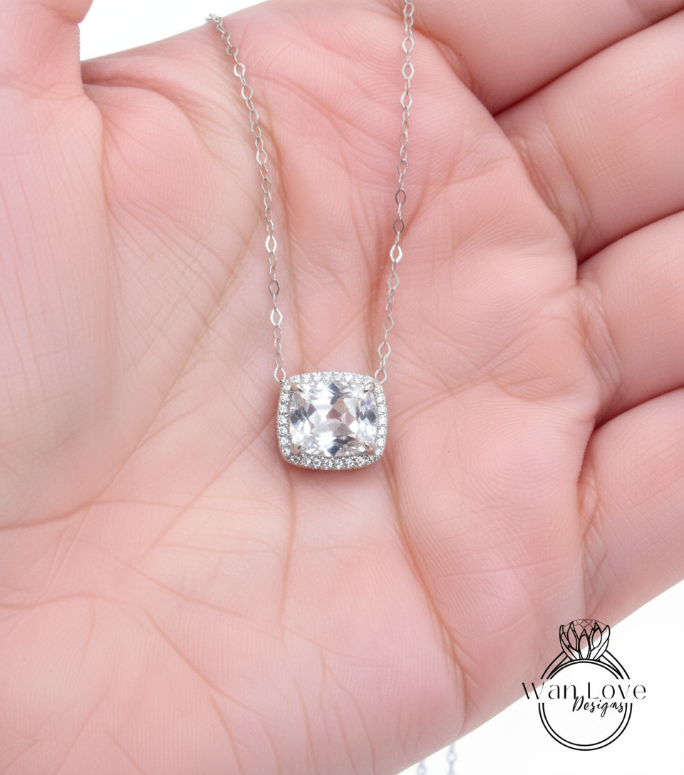 White Sapphire Elongated Cushion East West Halo Pendant Necklace Charm 4ct 10x8mm Anniversary Gift Wedding Jewelry Gold Ready to ship