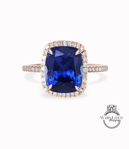 Elongated Cushion cut Blue Sapphire engagement ring gold vintage diamond halo engagement ring women Half eternity wedding Bridal Anniversary