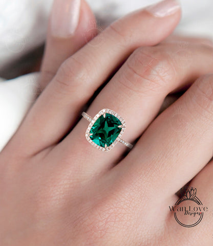 Elongated Cushion cut Emerald engagement ring gold vintage diamond halo engagement ring women Half eternity wedding Bridal Anniversary gift