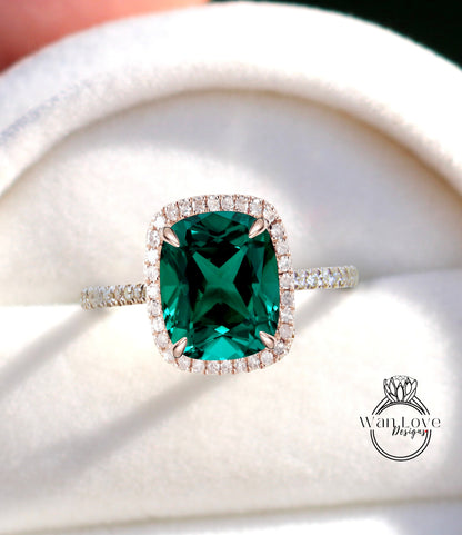 Elongated Cushion cut Emerald engagement ring gold vintage diamond halo engagement ring women Half eternity wedding Bridal Anniversary gift