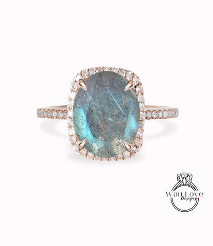 Anello di fidanzamento allungato con labradorite taglio cuscino anello di fidanzamento con alone di diamanti vintage in oro da donna Mezza eternità di matrimonio Anniversario nuziale