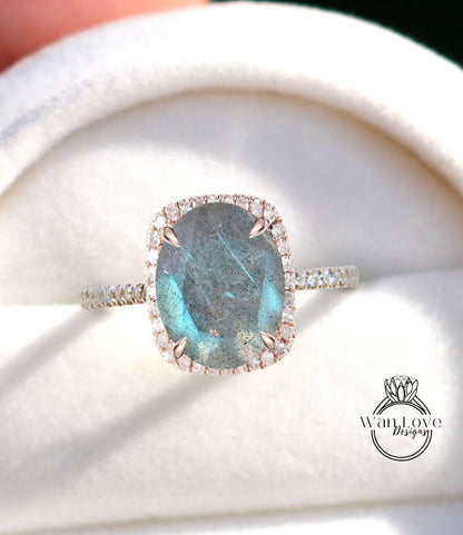 Anello di fidanzamento allungato con labradorite taglio cuscino anello di fidanzamento con alone di diamanti vintage in oro da donna Mezza eternità di matrimonio Anniversario nuziale