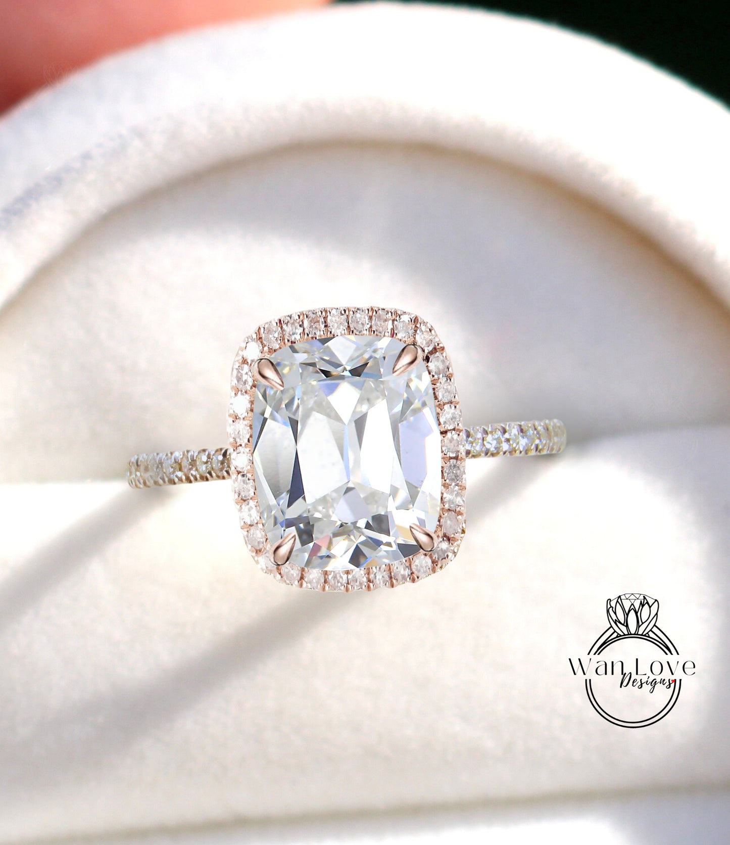 Elongated Antique Cushion cut Moissanite engagement ring gold vintage diamond halo engagement ring women Half eternity wedding Bridal Gift